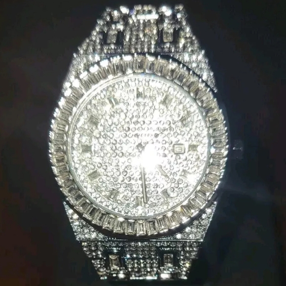 Mens Full Covered Iced Out Round & Baguette Bling Simulated Diamond Quartz Watch - Picture 12 of 13